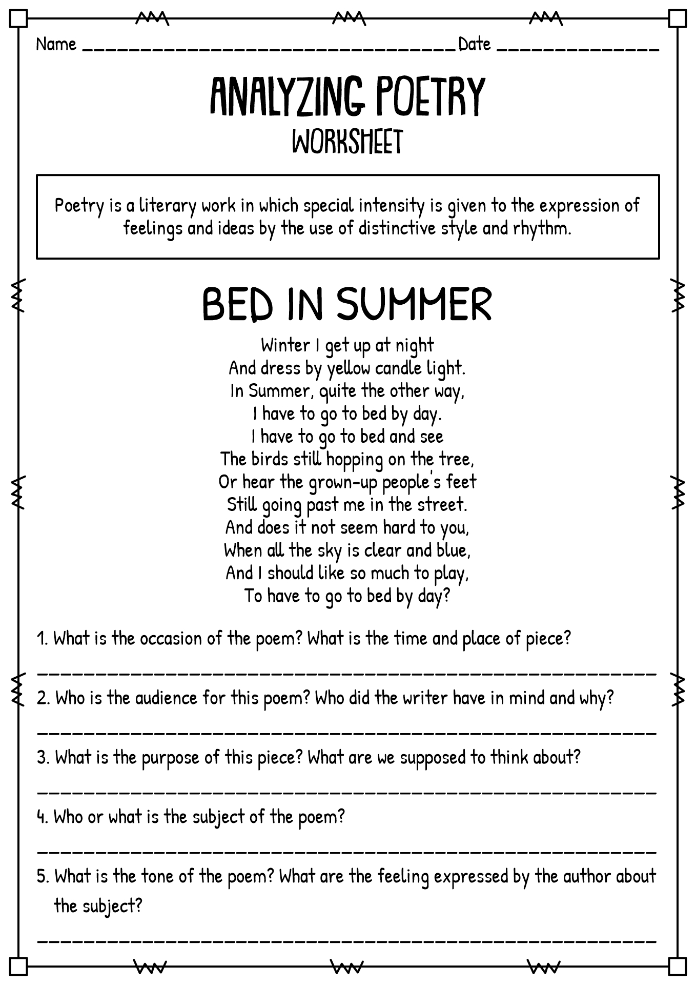 7th Grade Poem Worksheets