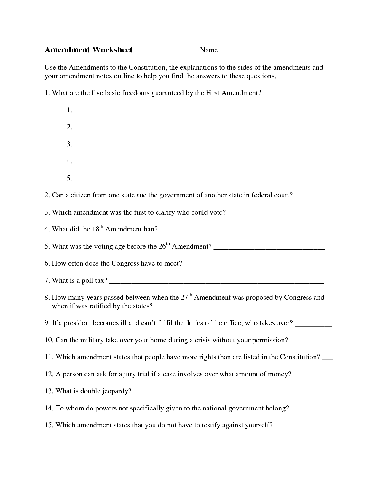 Amendments to the Constitution Worksheet Answers Image