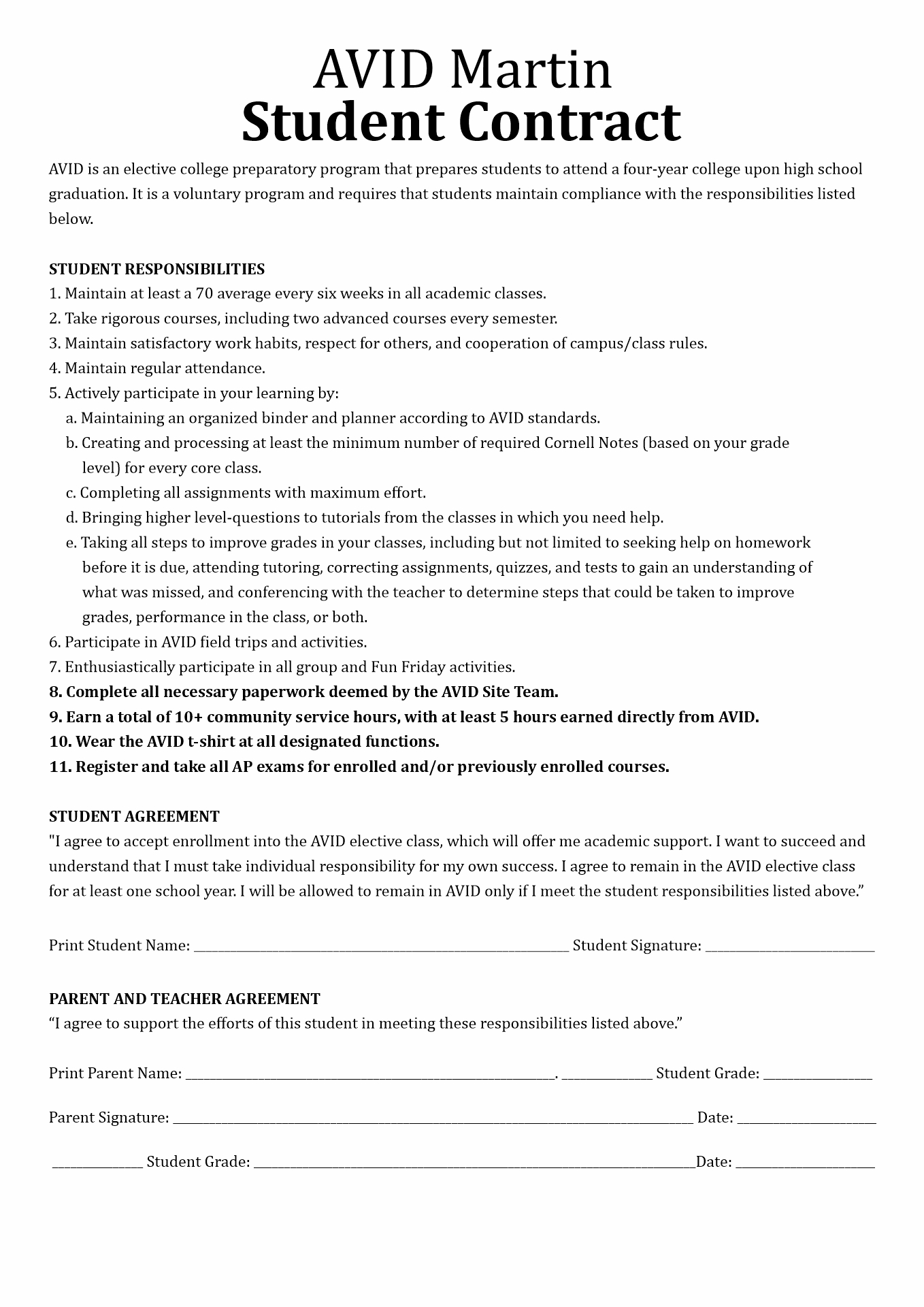 Avid Student Contract Image