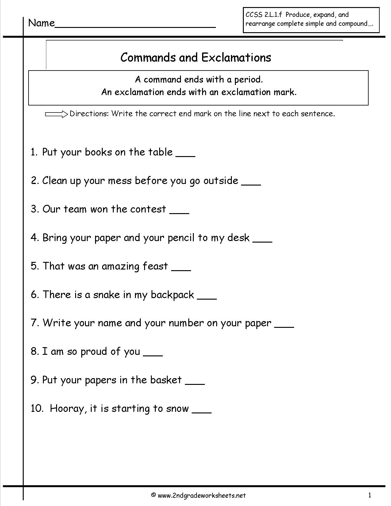Declarative Sentence First Grade Worksheet