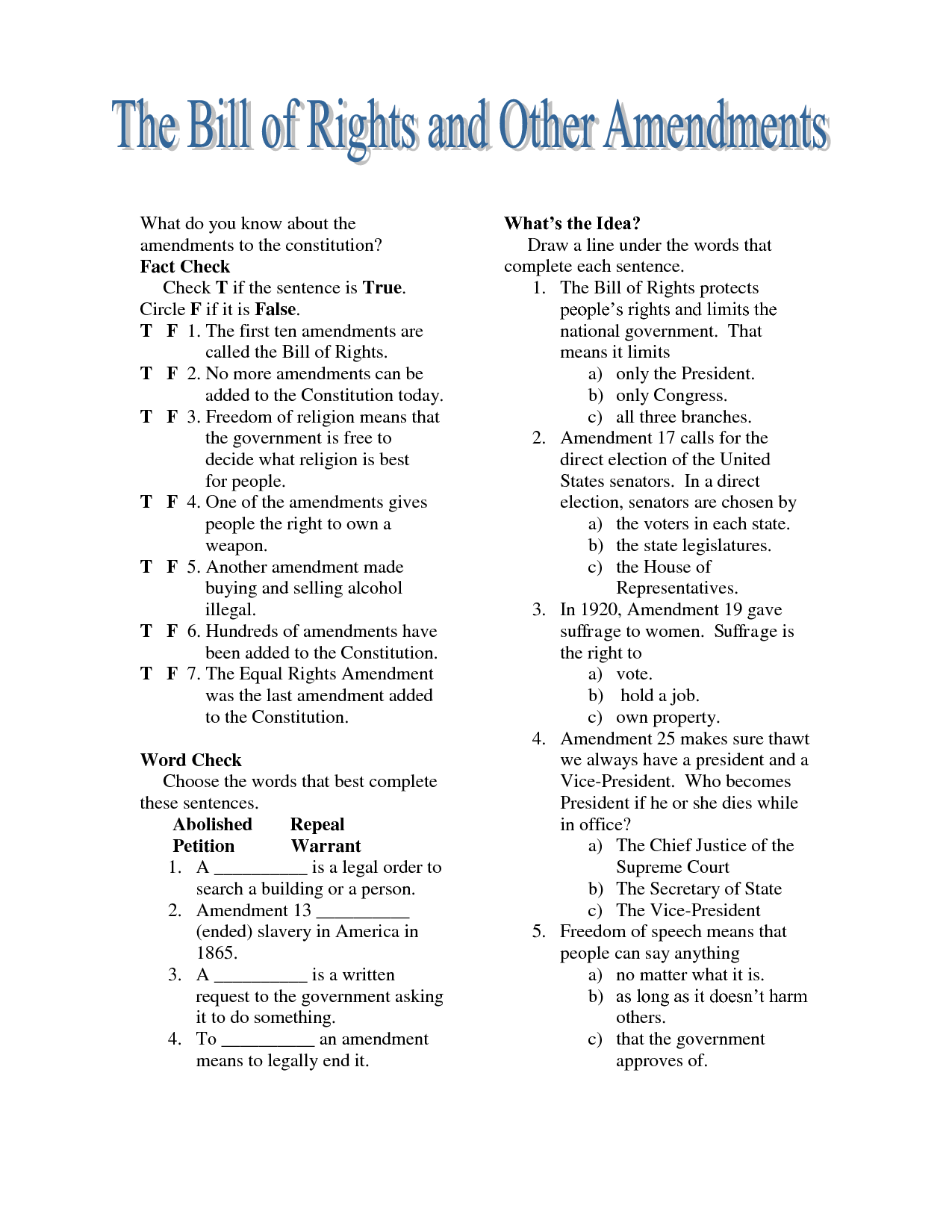 First 10 Amendments Worksheet Image