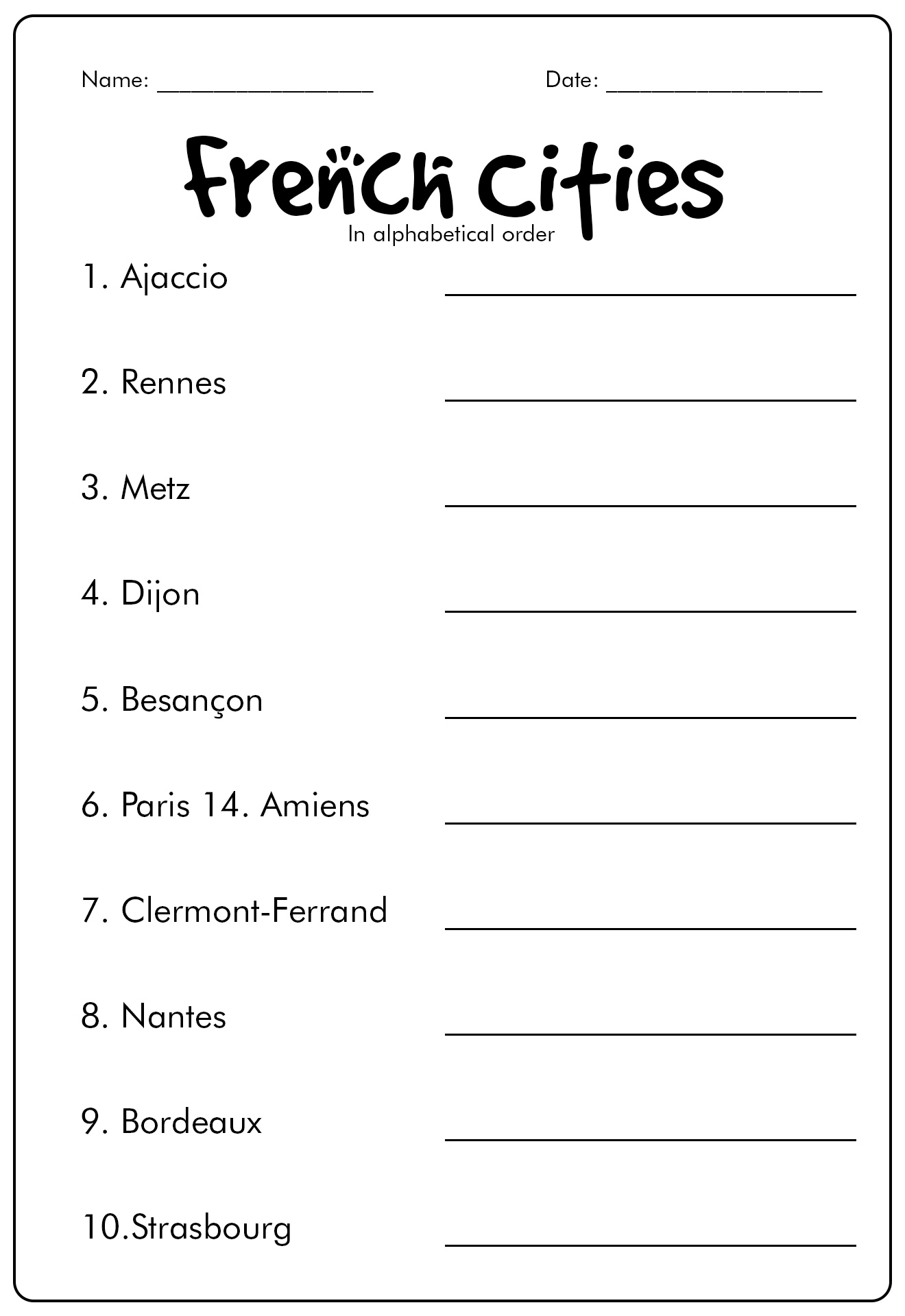 Free Printable French Worksheets for Kids