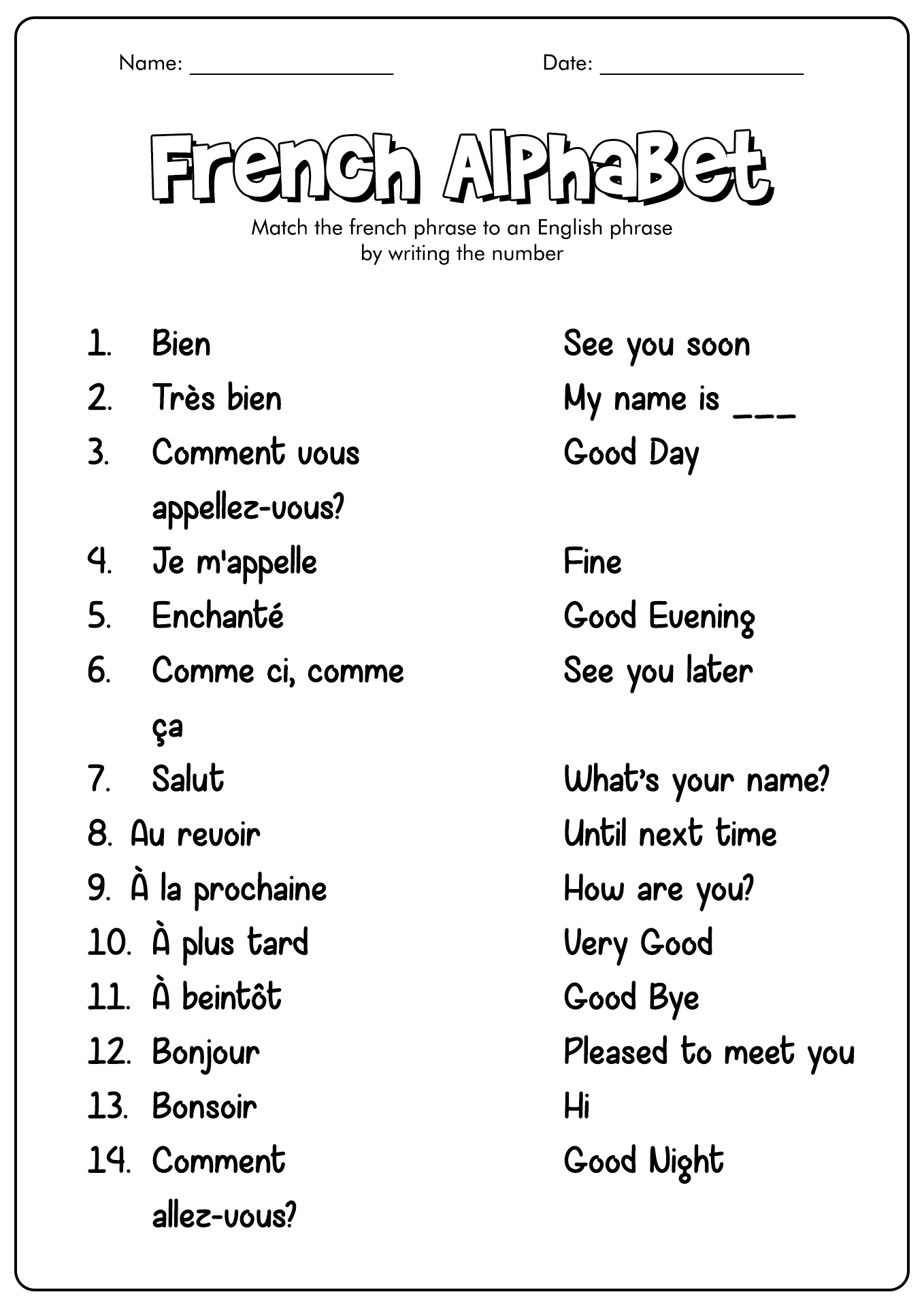 French Beginners Worksheet