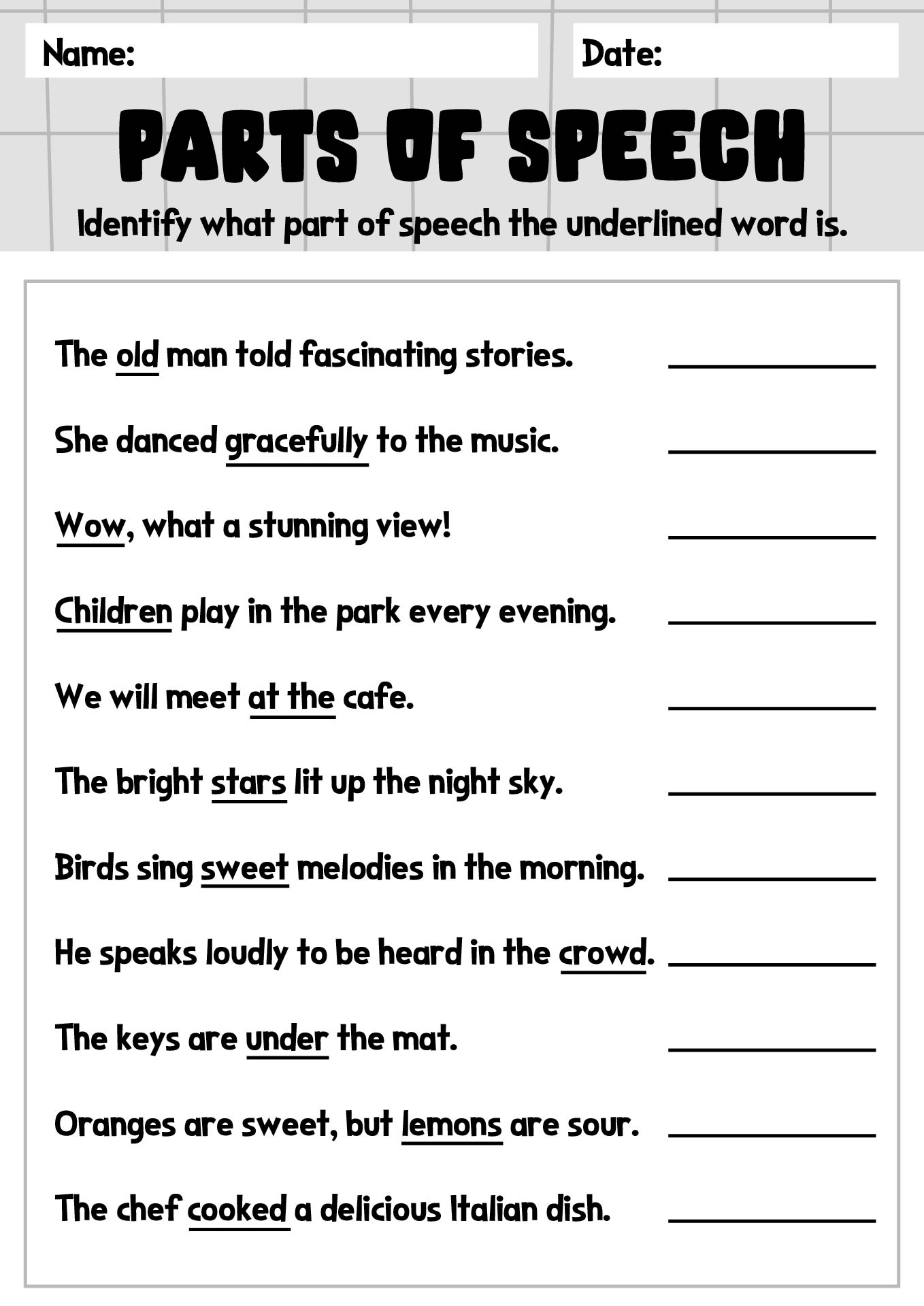 identifying parts of speech review worksheet answers