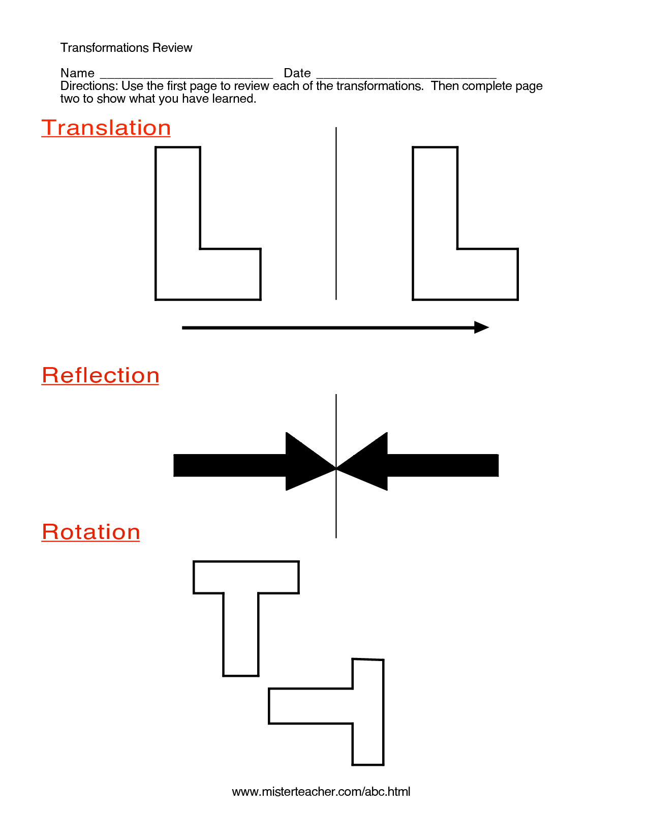 Math Worksheets Reflection Rotation Translation Image