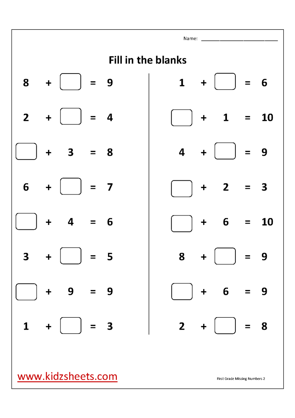 Missing Number Addition Worksheets First Grade Image