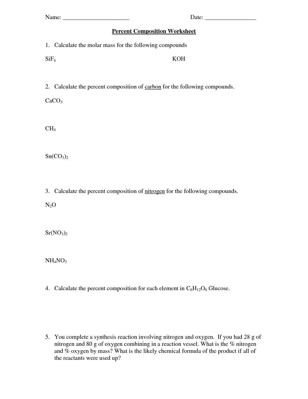 Percent Composition Worksheet Answer Key Chemistry If8766
