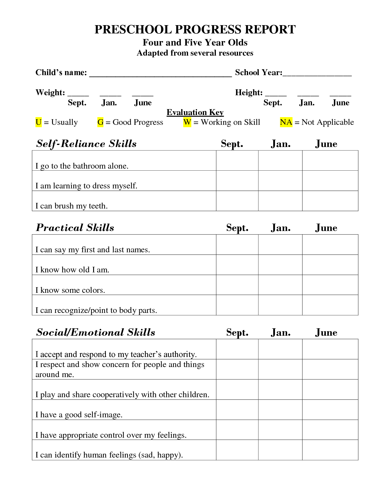Preschool Progress Report Template Image