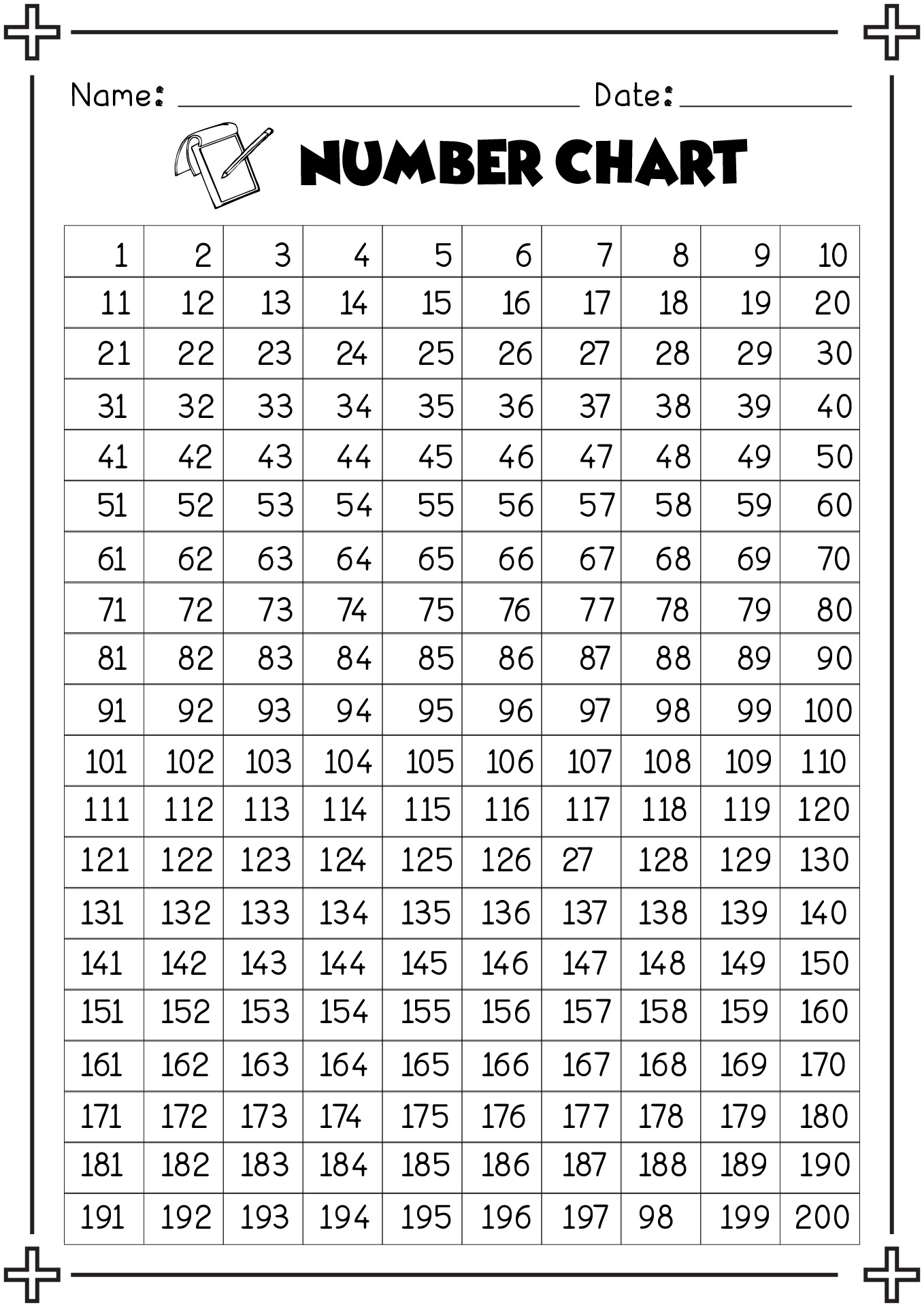 Printable Number Chart 1 200