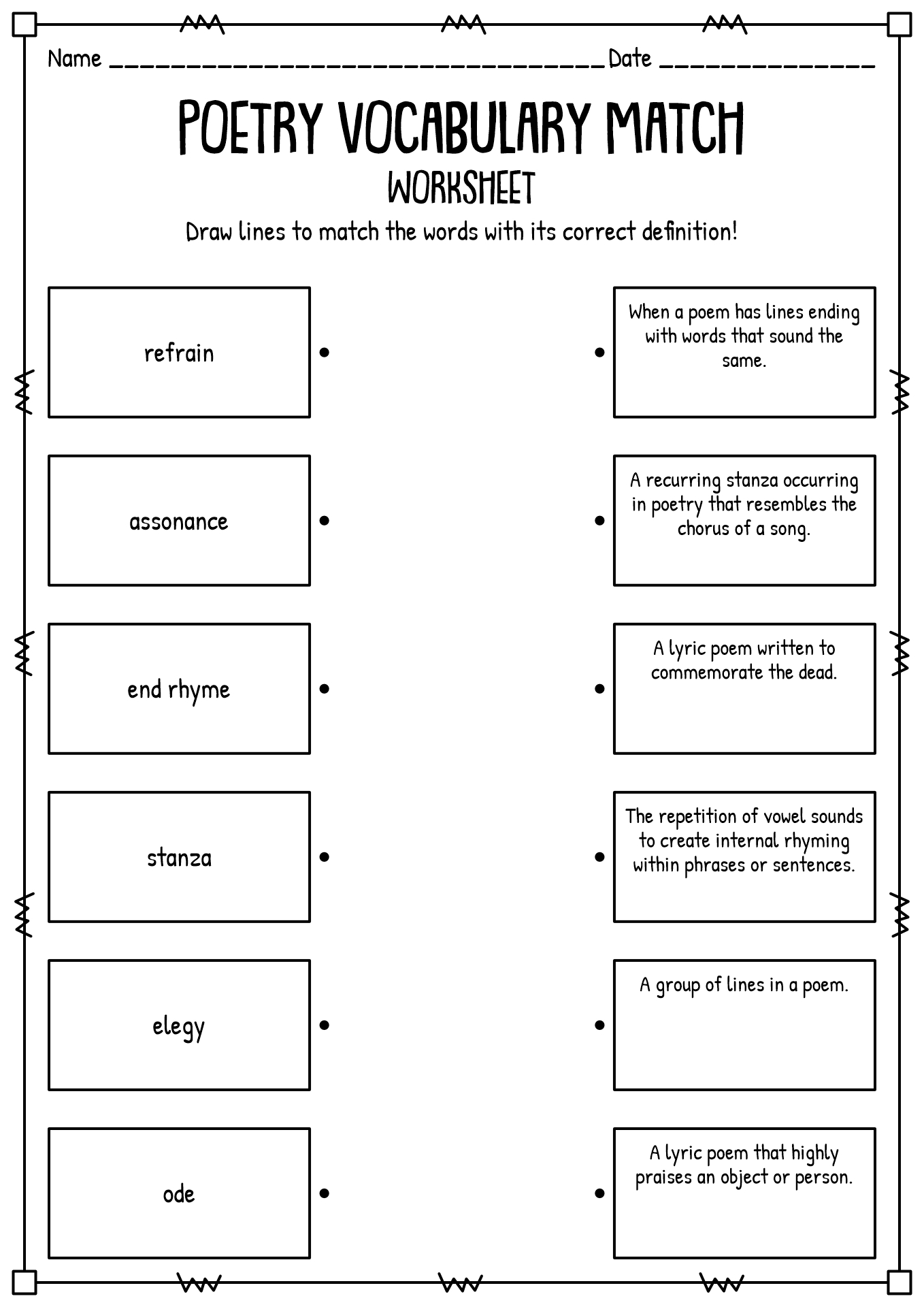Worksheets 5th Grade Poetry Terms