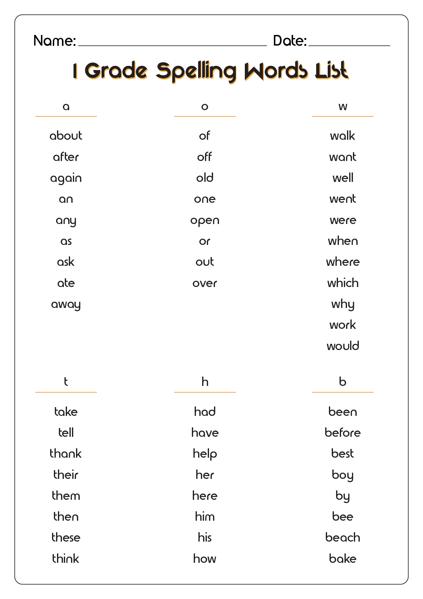 1 Grade Spelling Words List