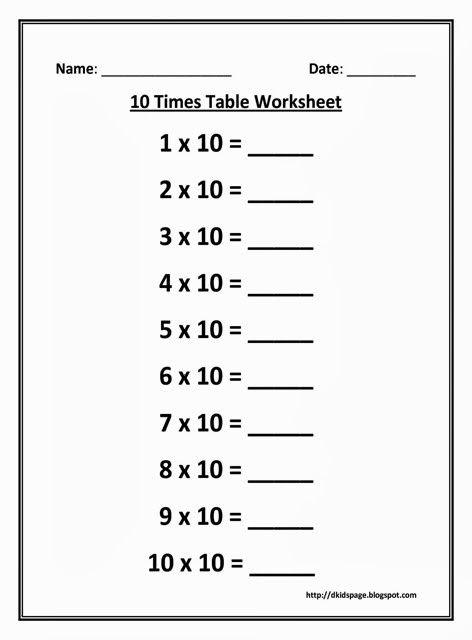 10 Times Table Worksheet Image