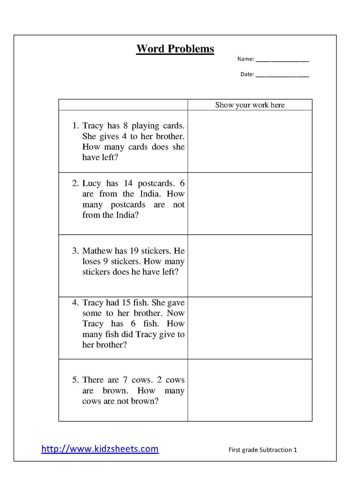 12 Best Images of 1st Grade Subtraction Word Problems ...