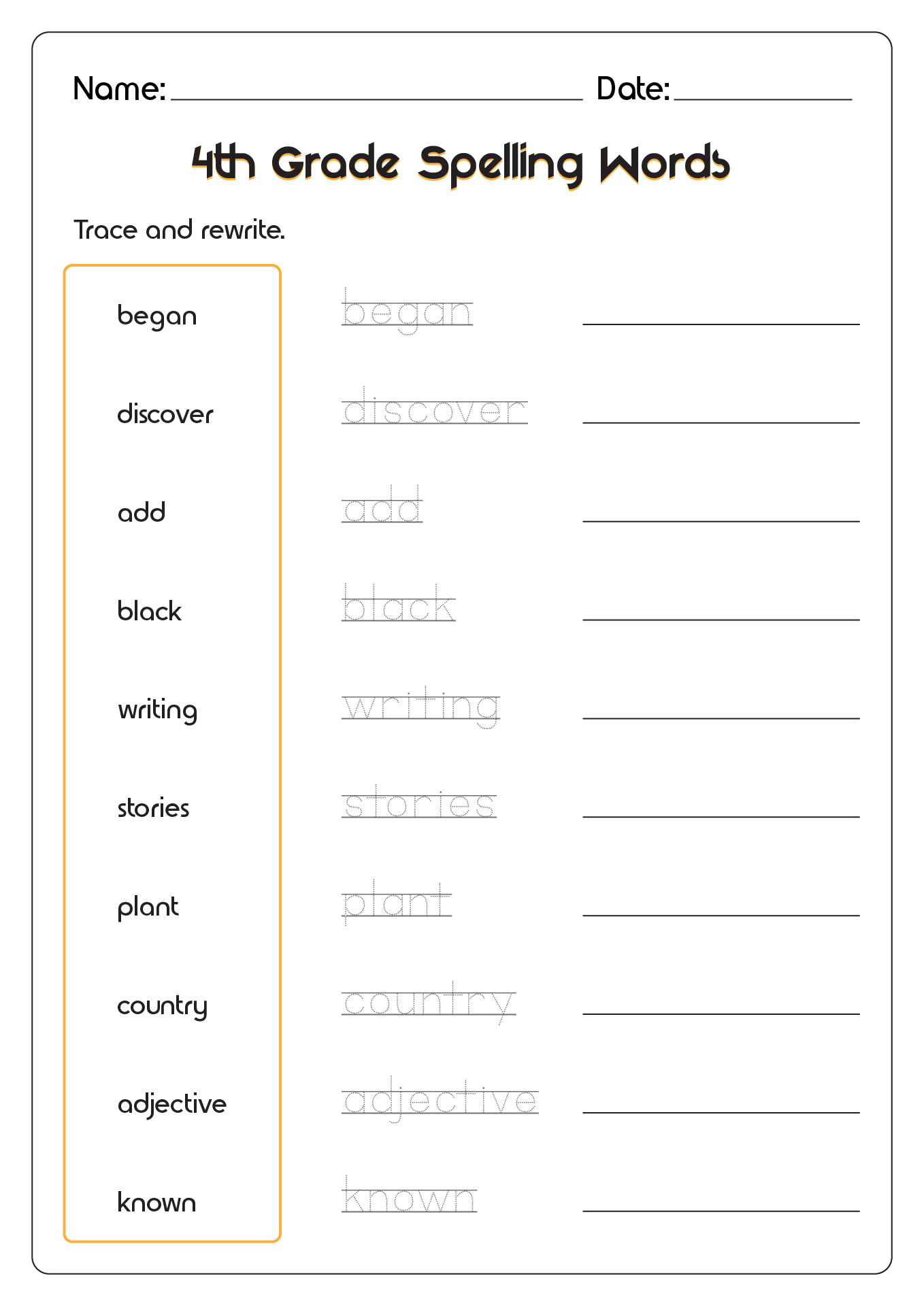 4th Grade Spelling Words Worksheets