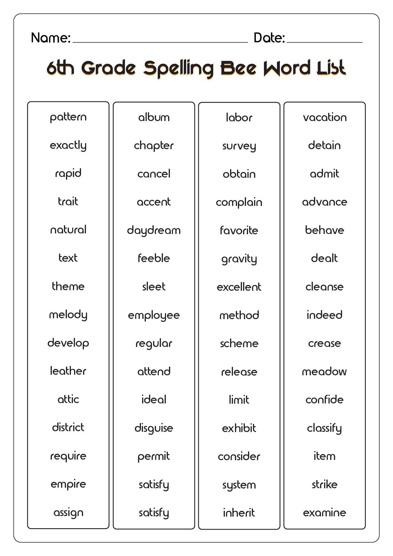 6th Grade Spelling Word Lists