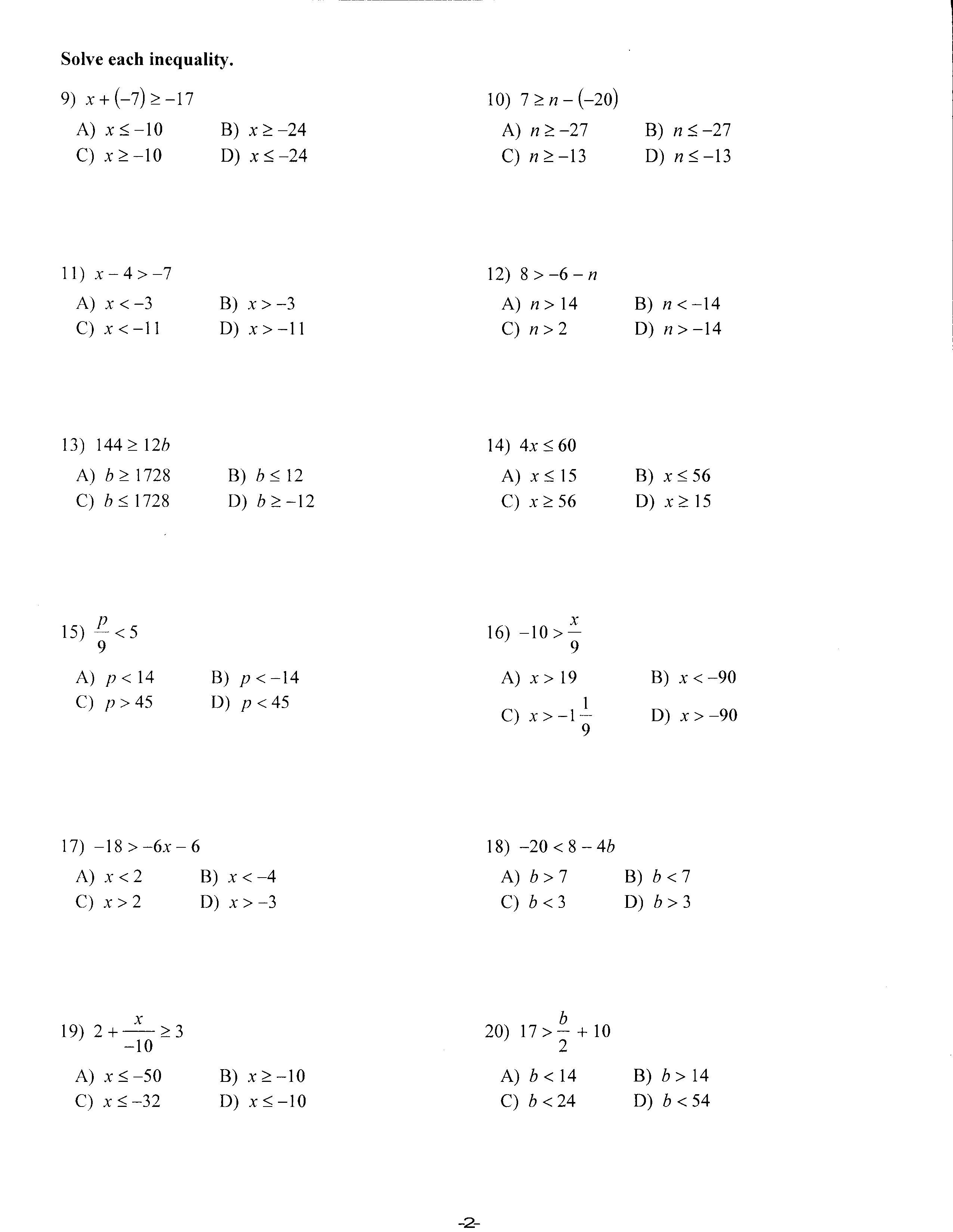 Algebra 1 Worksheets 9th Grade Math