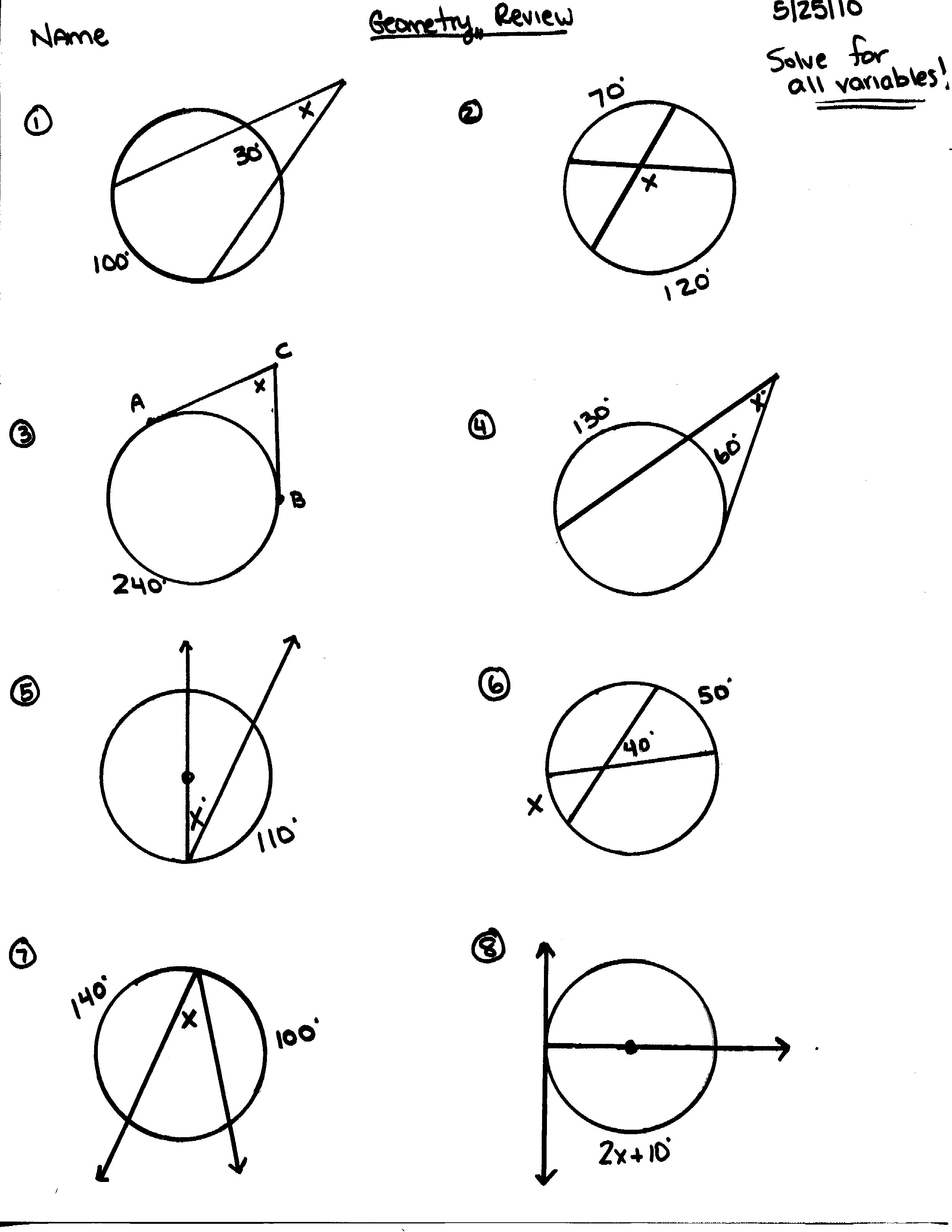 Circle Theorems Worksheet and Answers Image