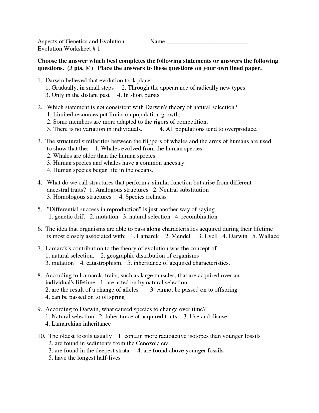 Evolution Review Worksheet Answers