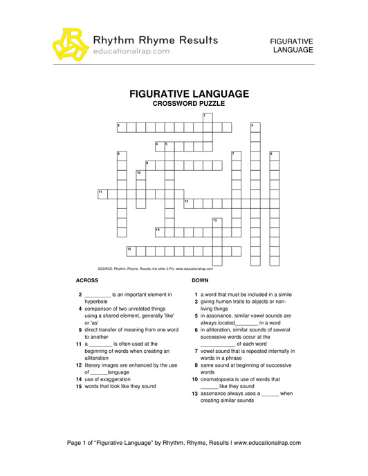 Figurative Language Crossword Puzzle Answers Image