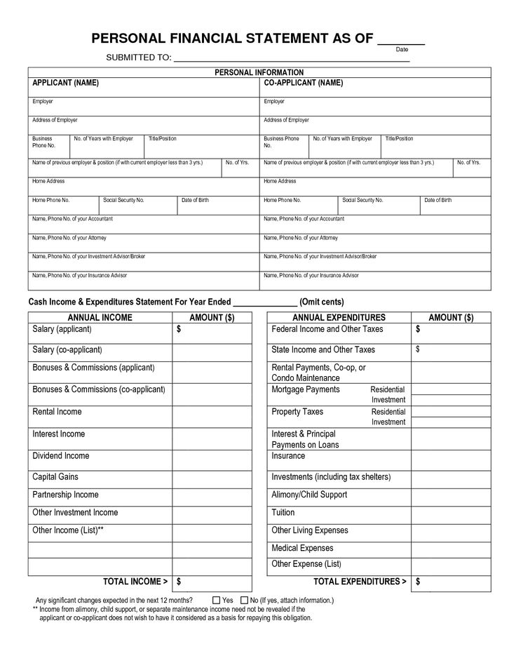 Free Printable Personal Financial Statement Form Image