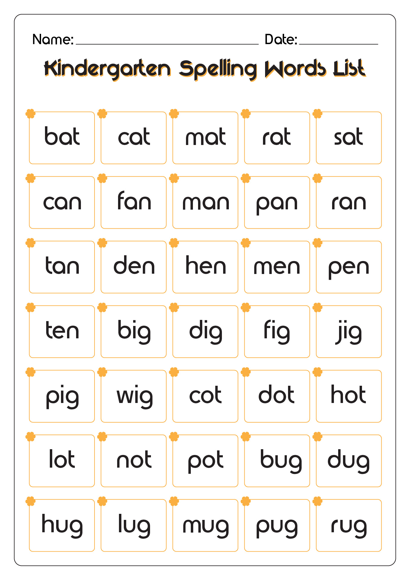 Kindergarten Spelling Words List