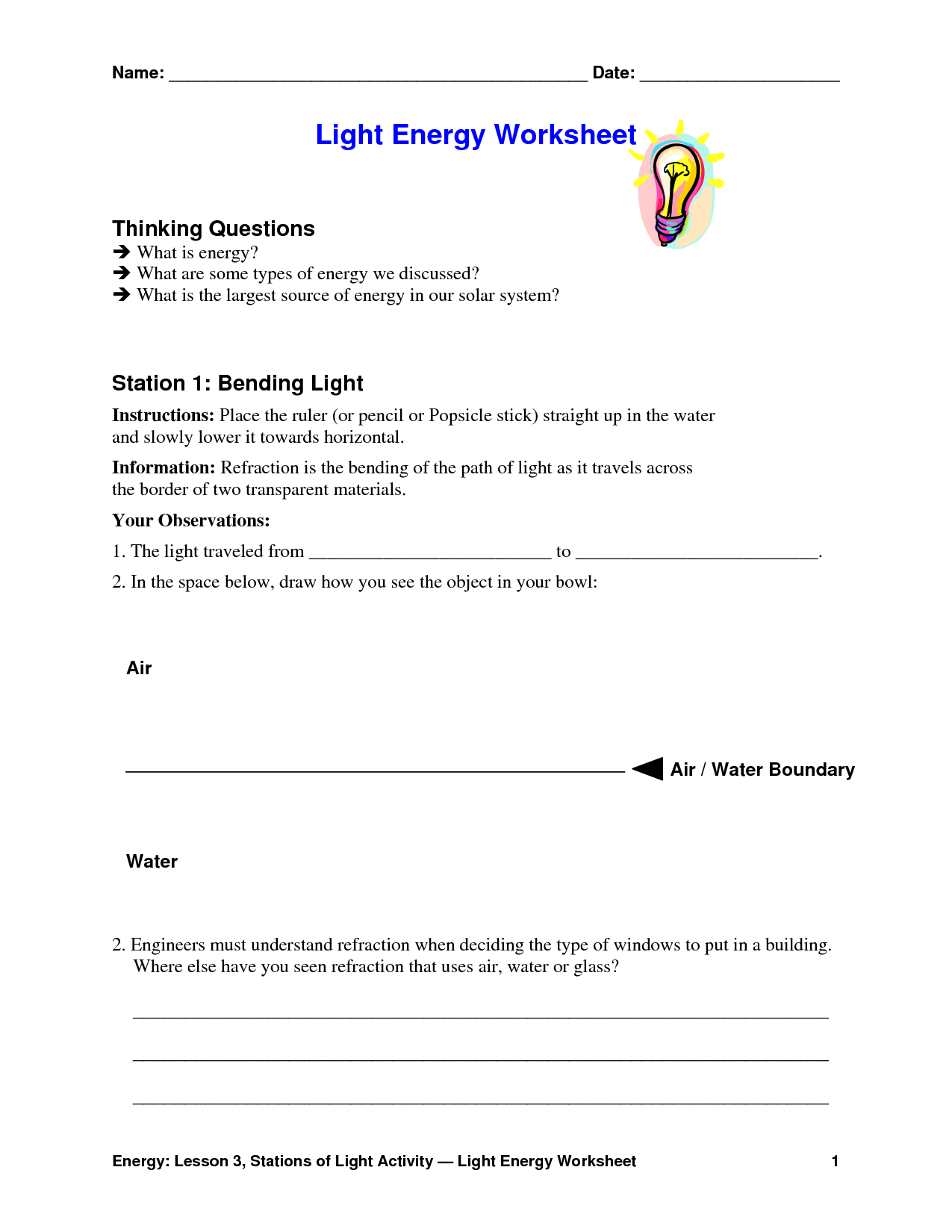 Light Energy Sources Worksheet Image