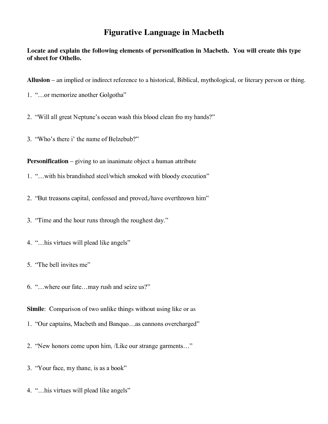 Macbeth Act 3 Figurative Language Worksheet Image