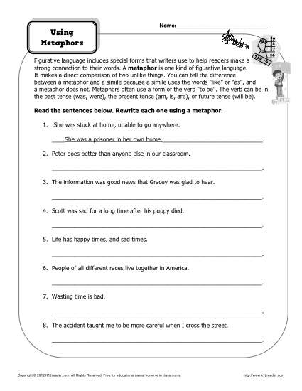 Metaphor Free Worksheets for 4th Grade