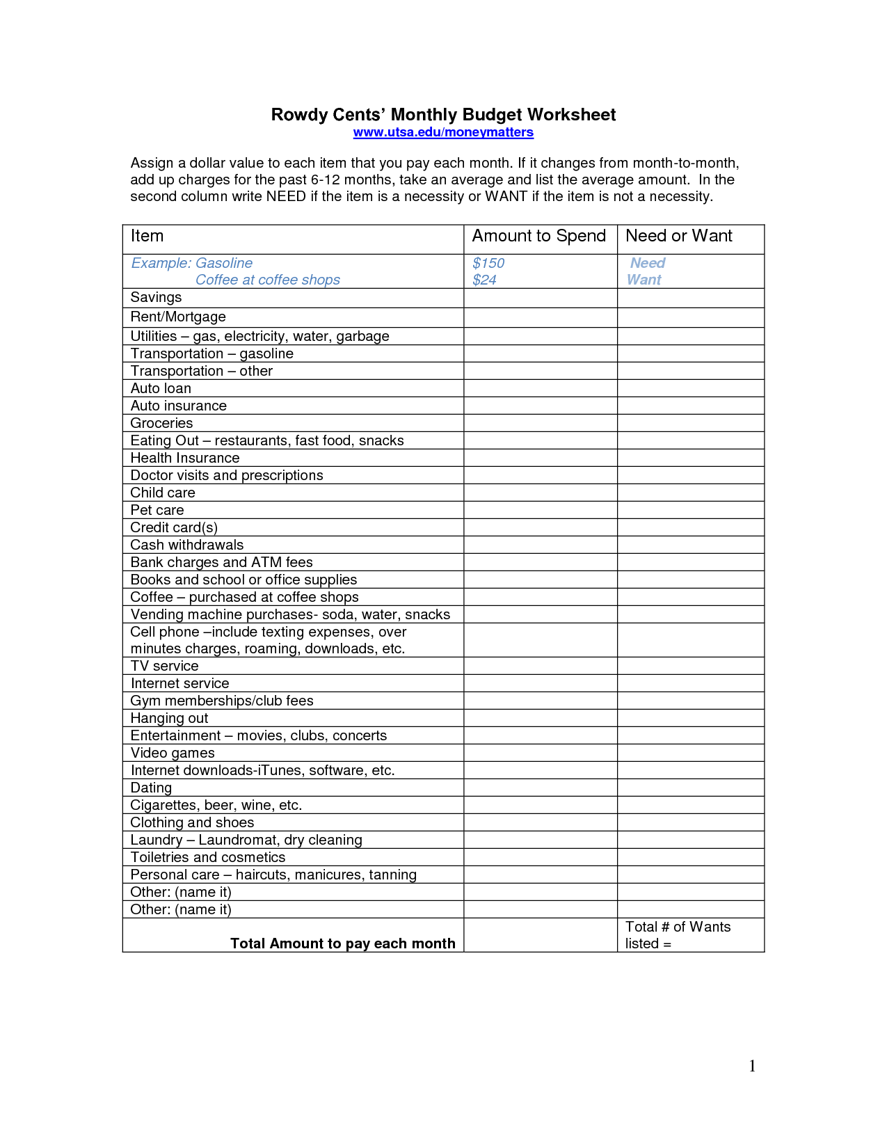 Monthly Expense Worksheet