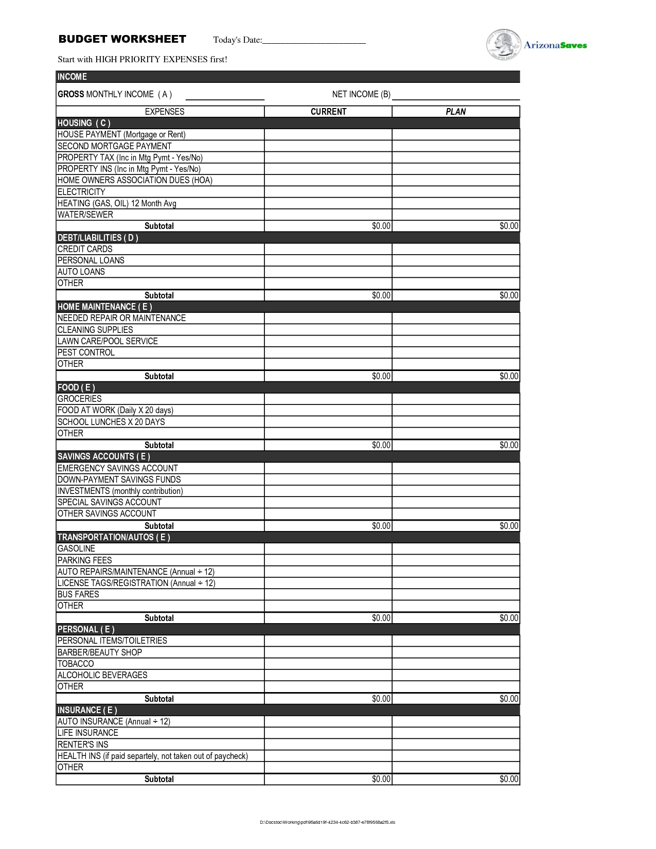 Monthly Income Expense Worksheet