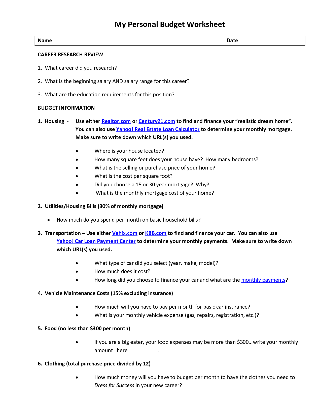 Personal Budget Worksheet
