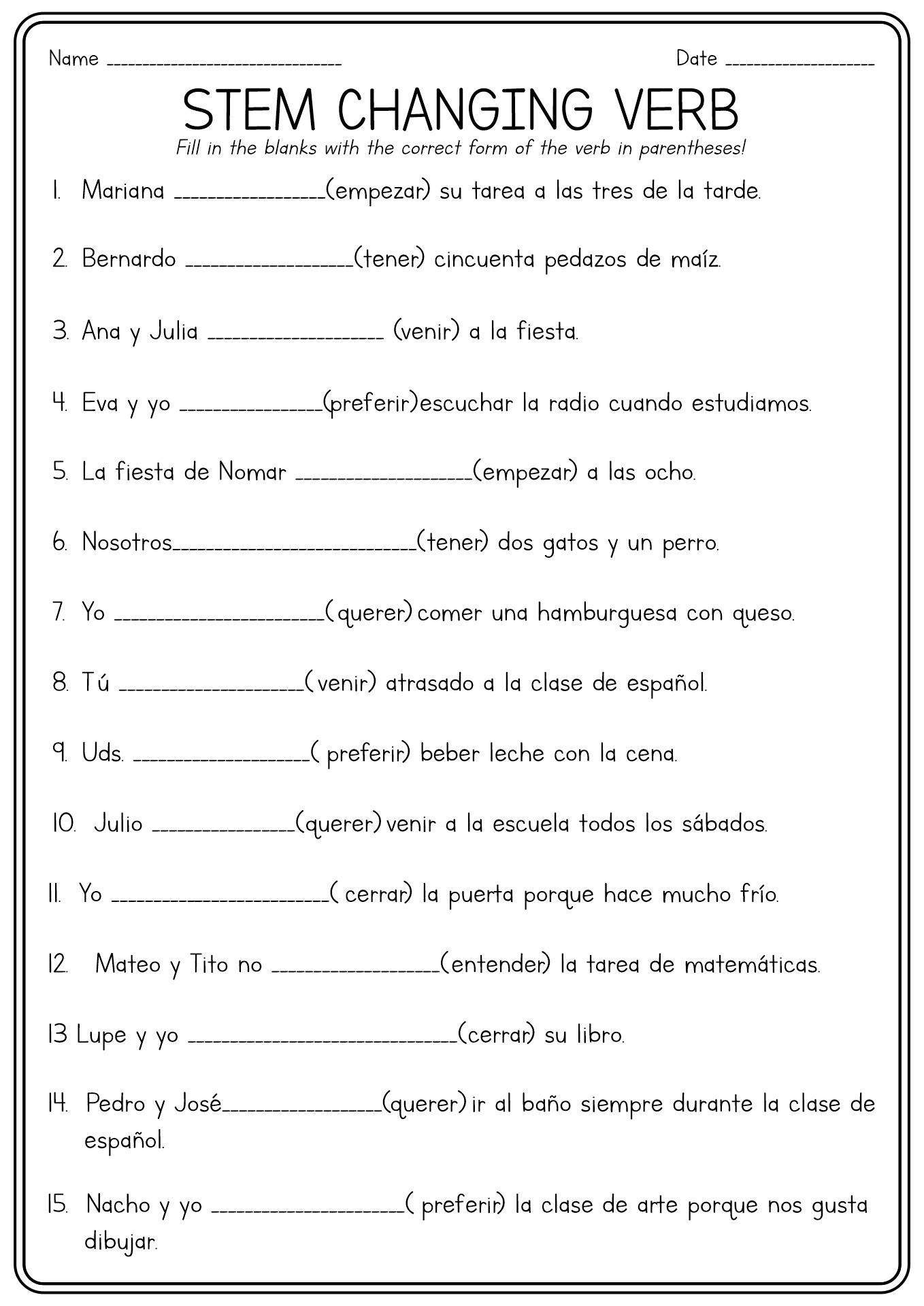 Present Tense Stem Changing Verbs Worksheets Image