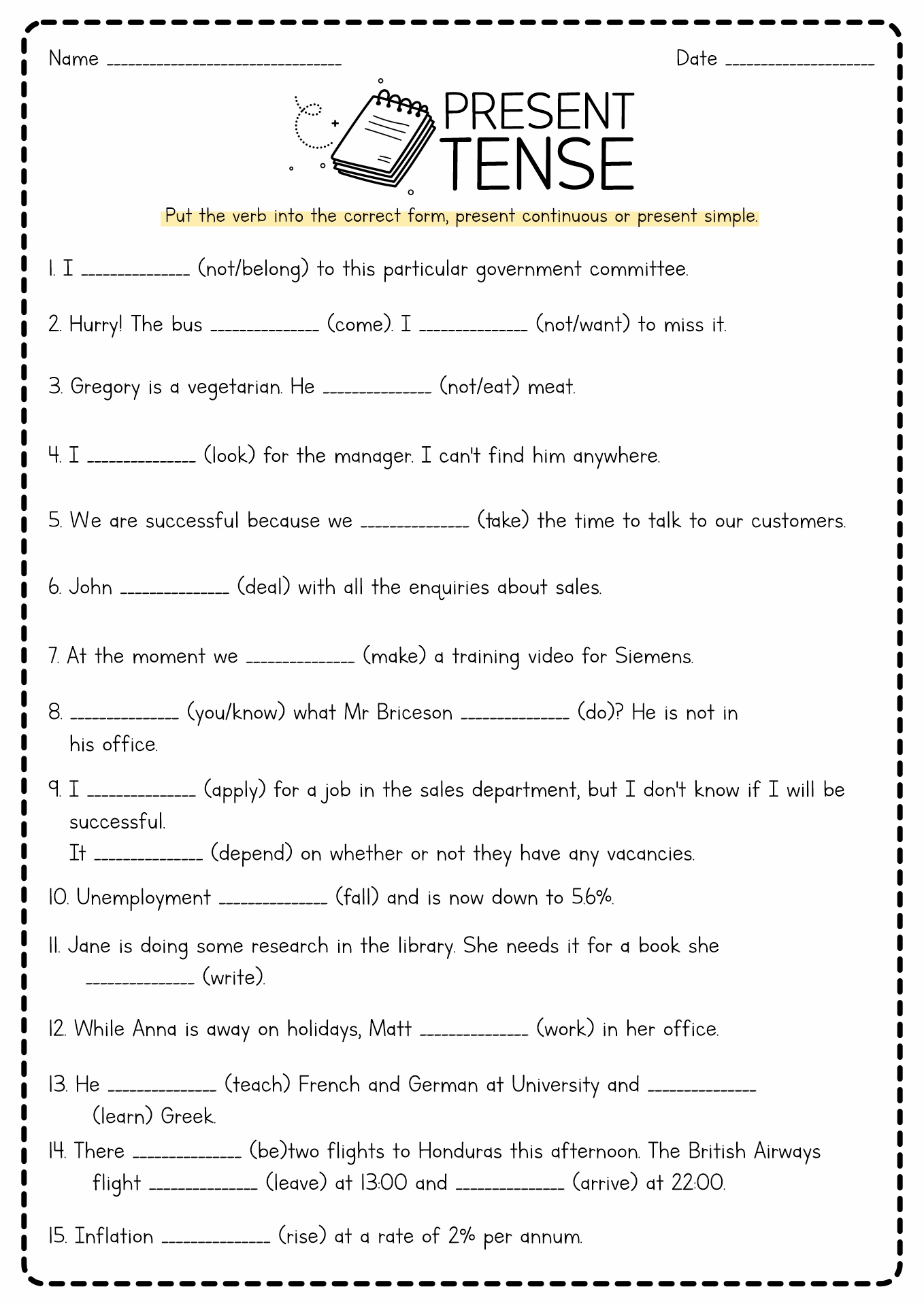Present Tense Verb Worksheet Printable Image