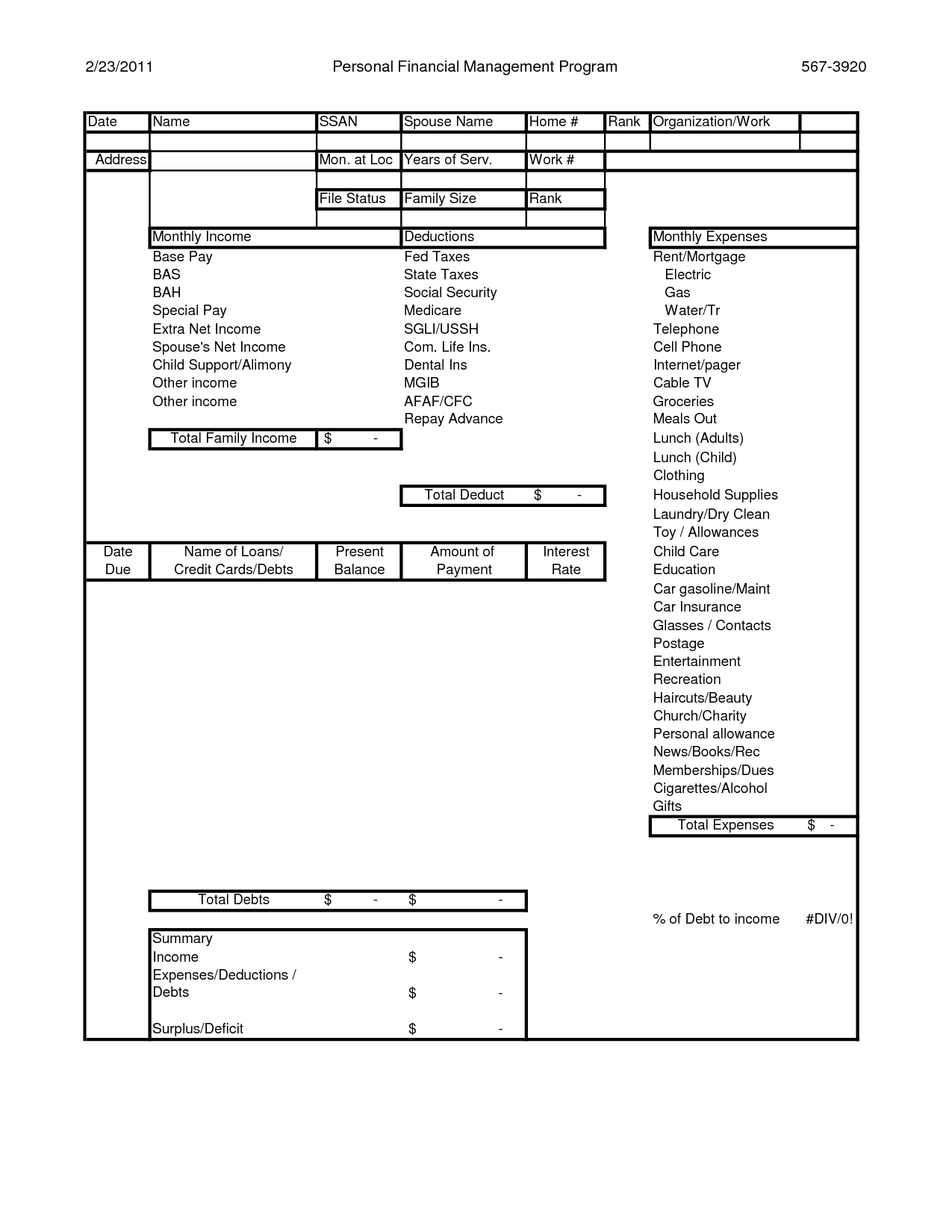 Printable Monthly Budget Worksheet with Due Date