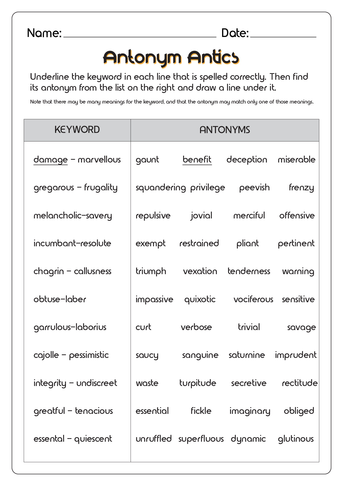 Printable Vocabulary Activities
