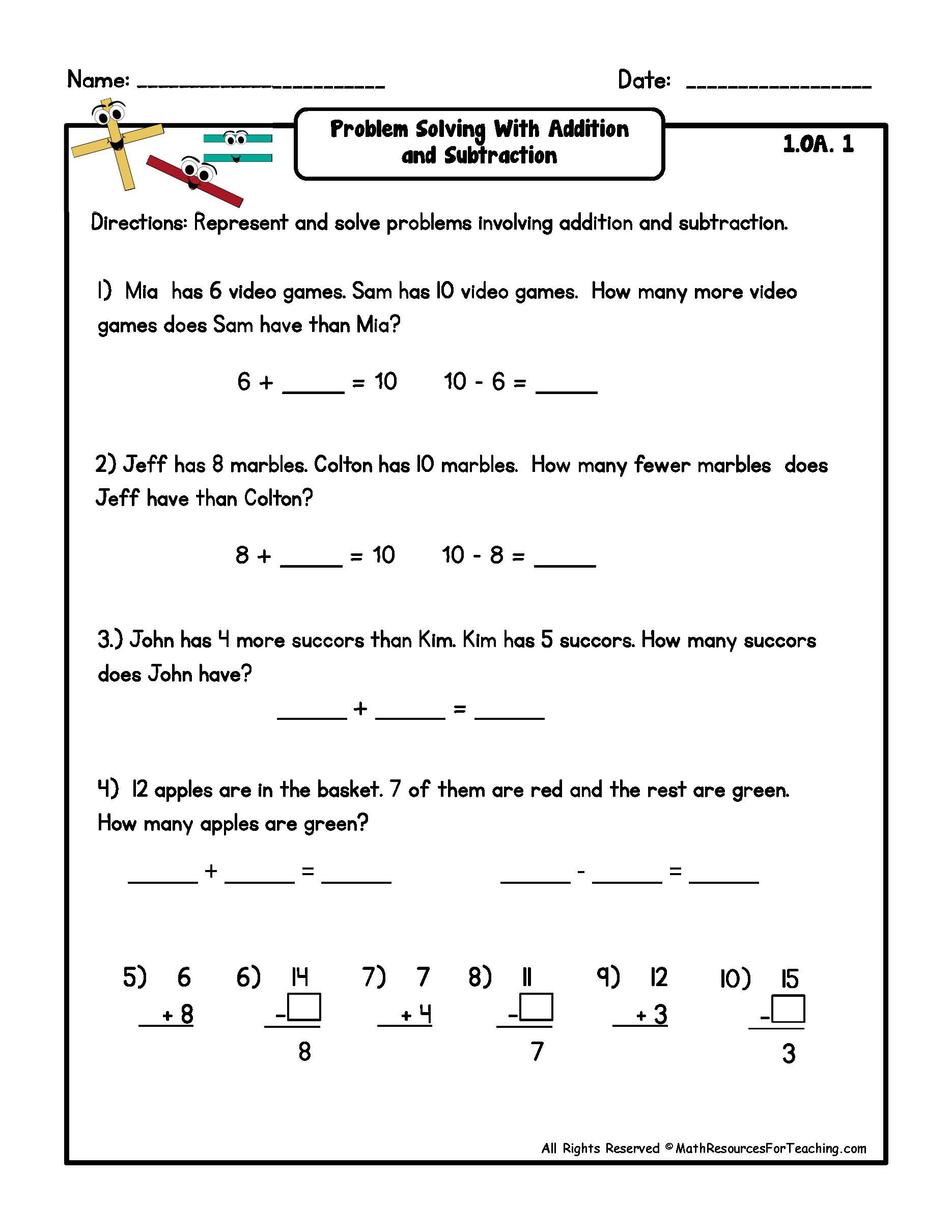 12 Best Images of 1st Grade Subtraction Word Problems