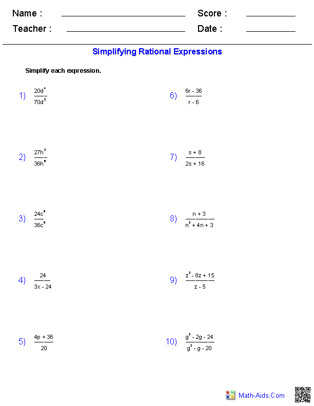 Simplifying Rational Expressions Worksheets Image