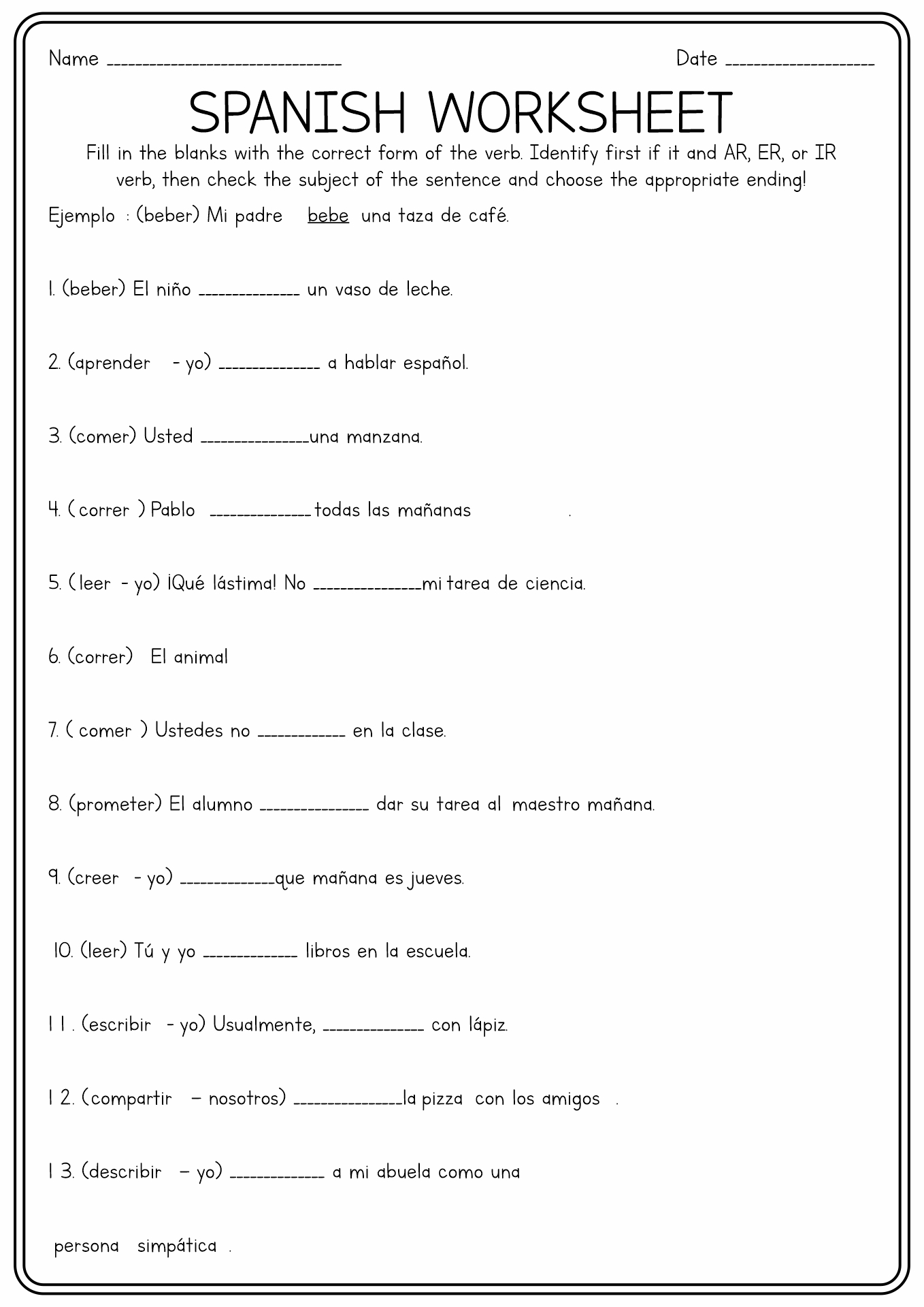 14 Present Tense AR Verb Worksheets Free PDF At Worksheeto