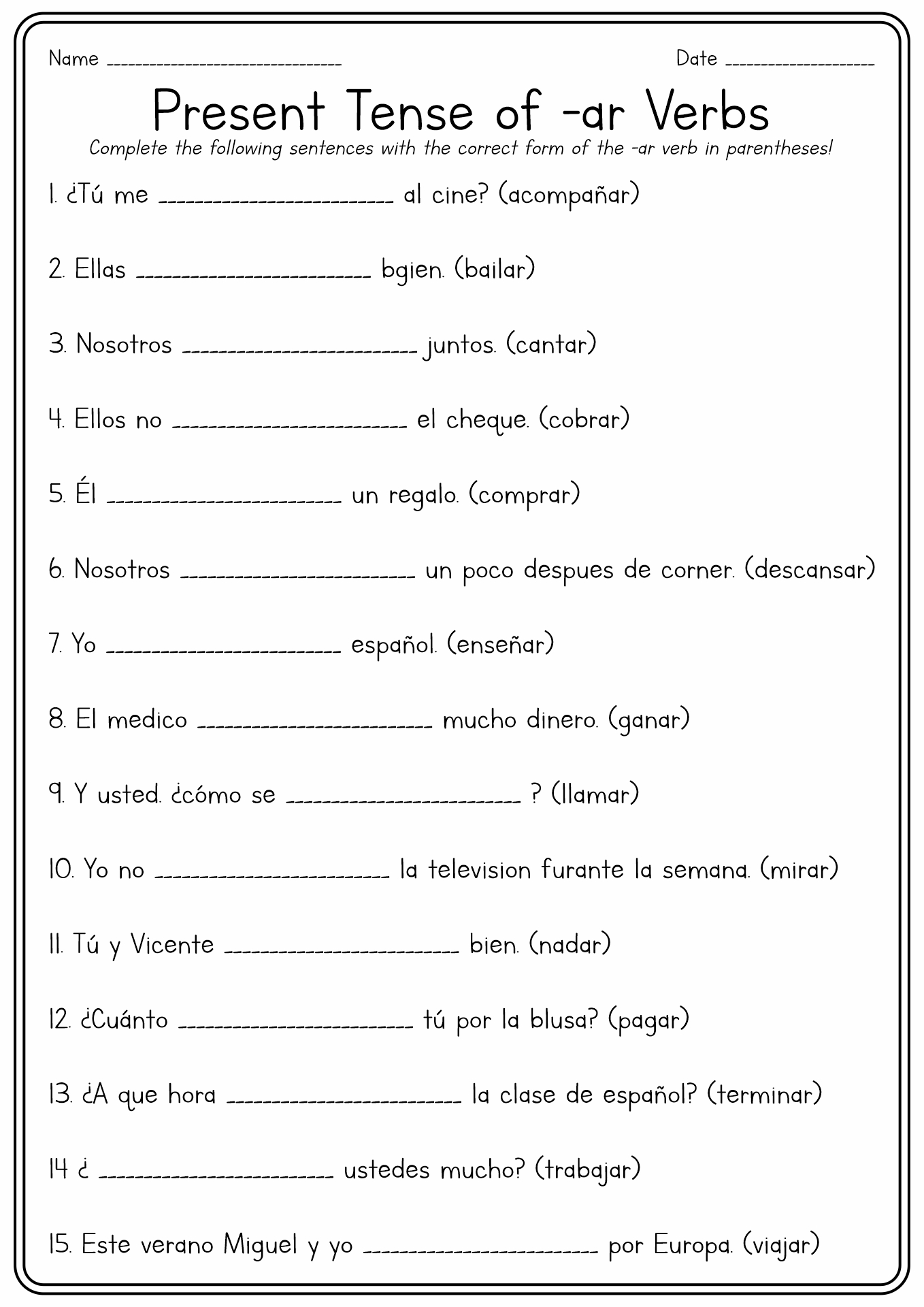 Spanish Present Tense AR Verb Worksheets Image