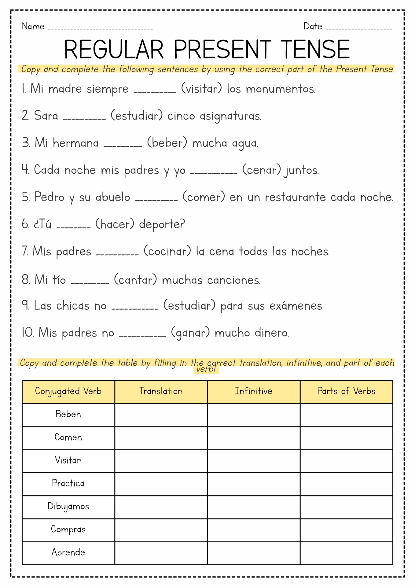 Spanish Present Tense Verb Worksheet Printable Image