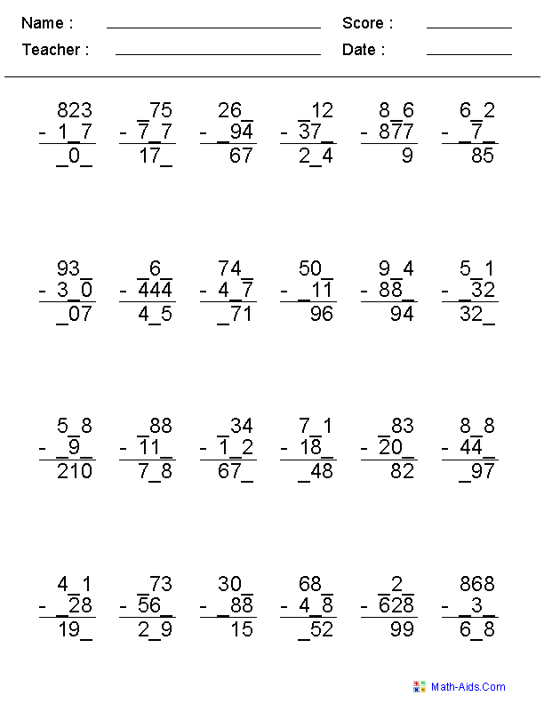 Subtraction Worksheets Missing Numbers Image