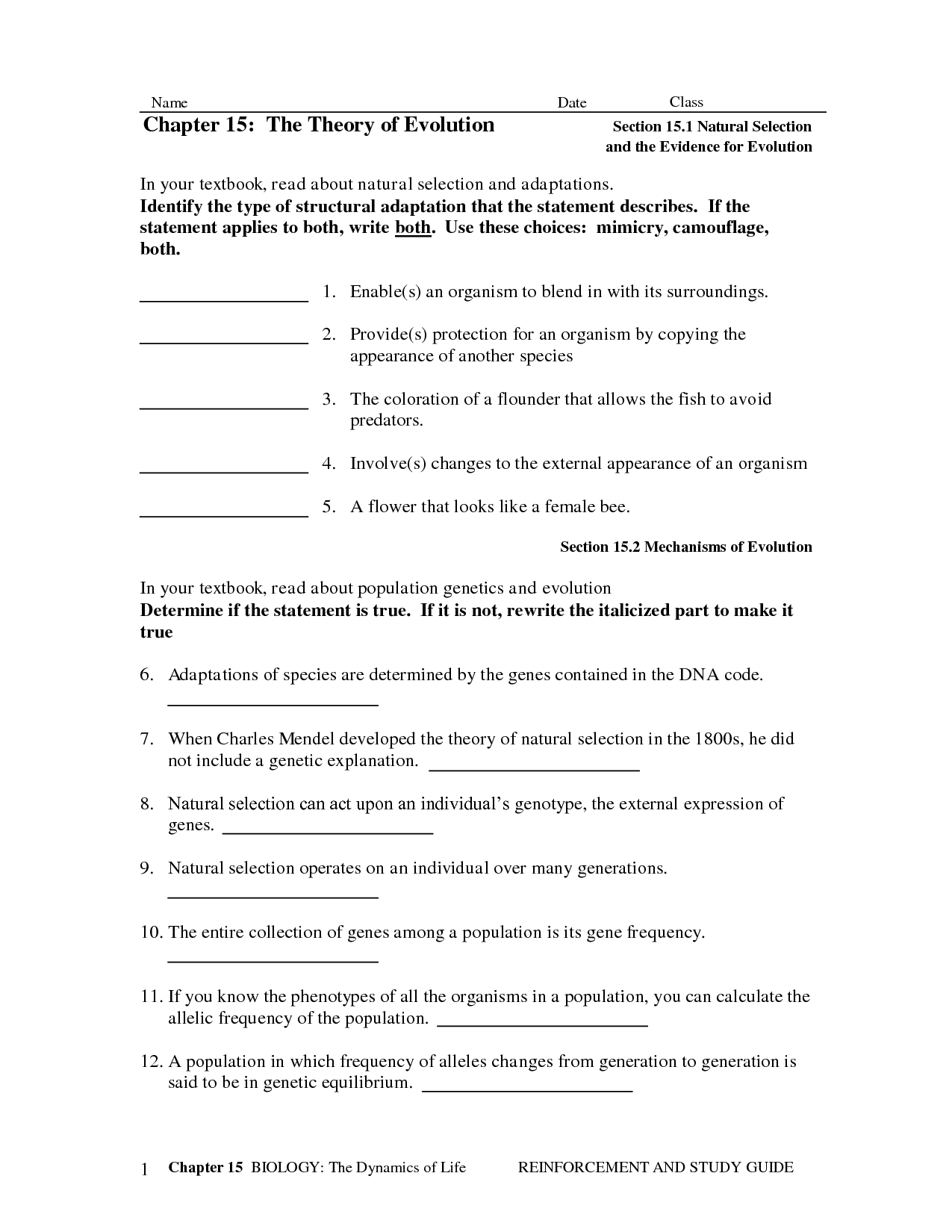Chapter 15 The Theory Of Evolution Worksheet Answer Key