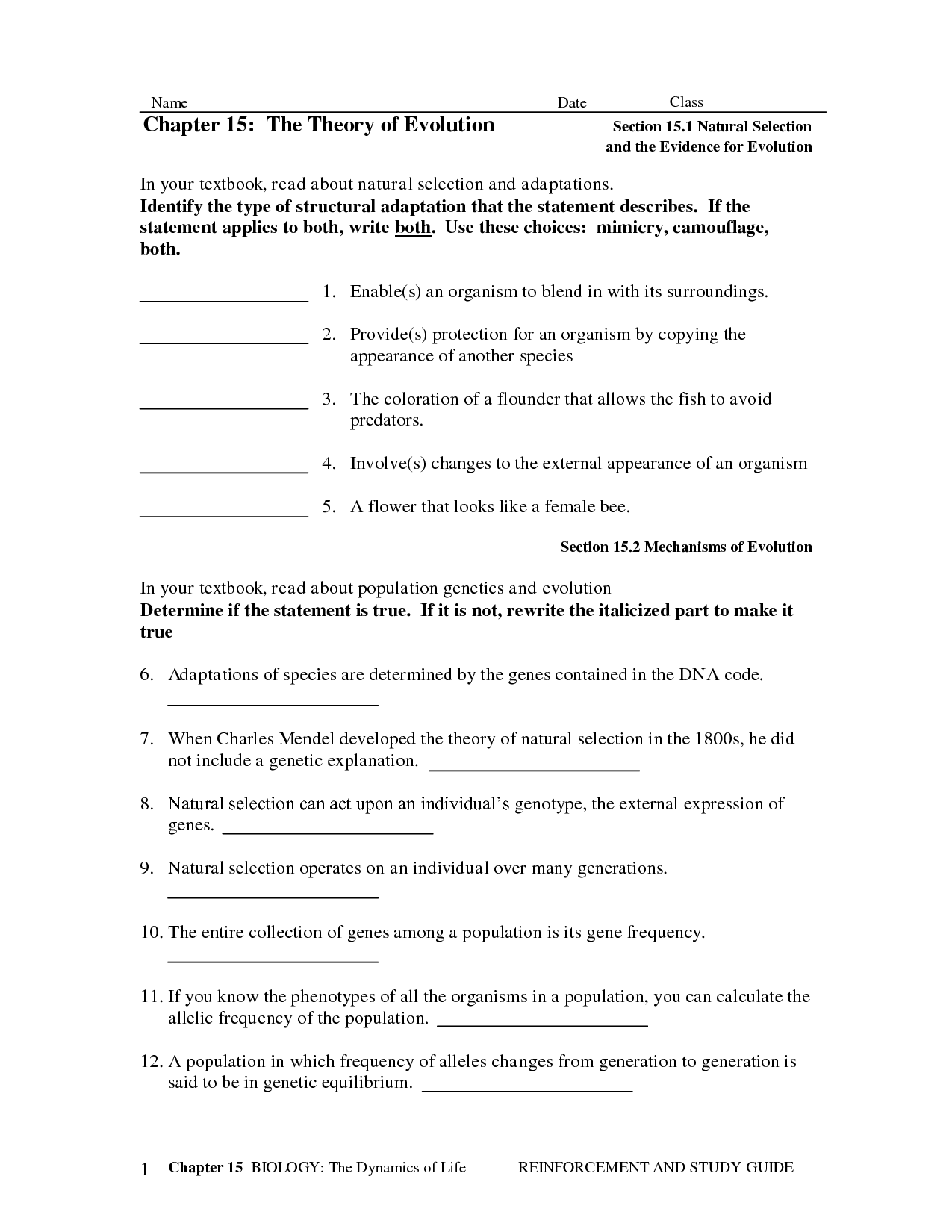 5 1 Evolution Worksheet Answers