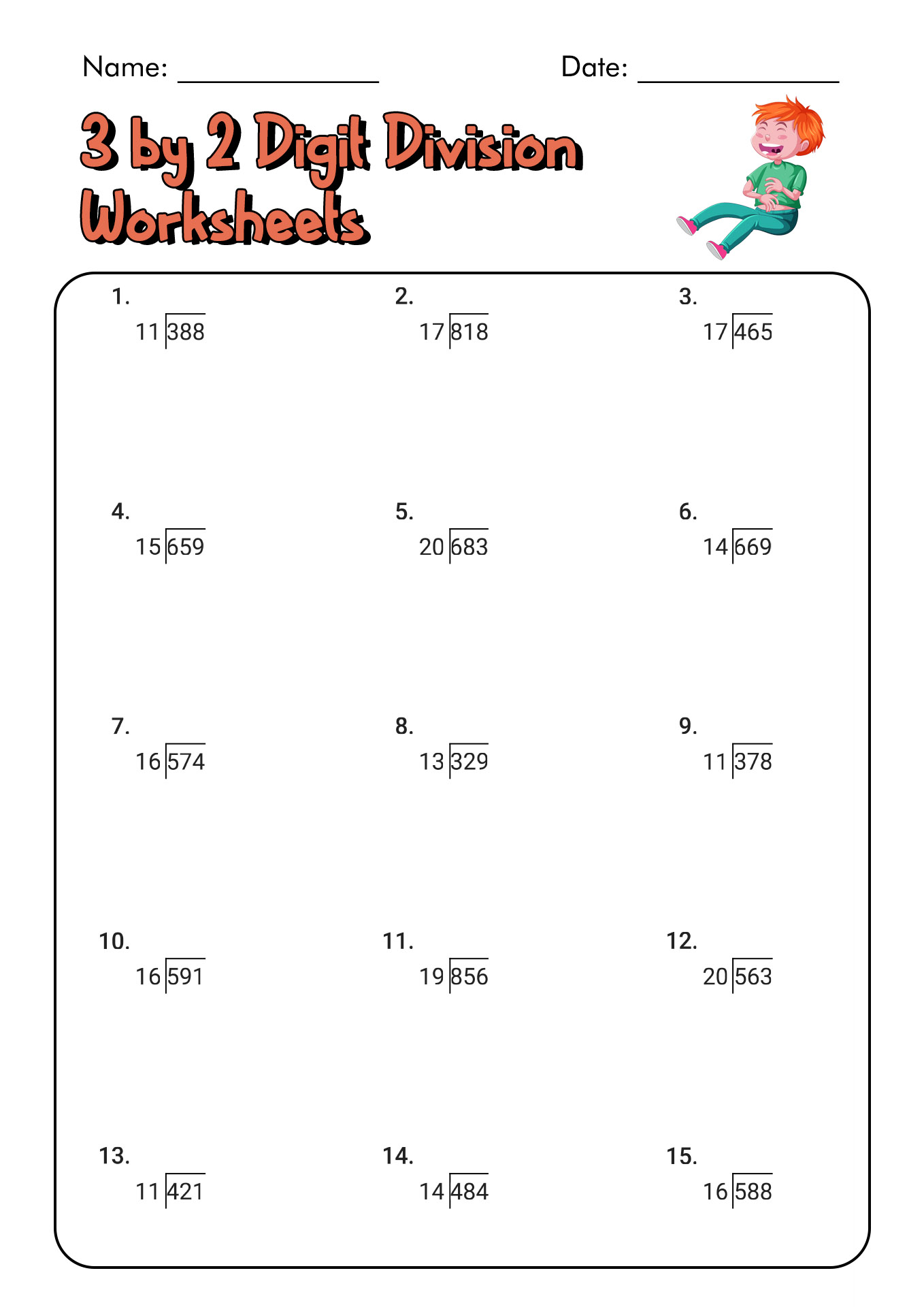 3 by 2 Digit Division Worksheets