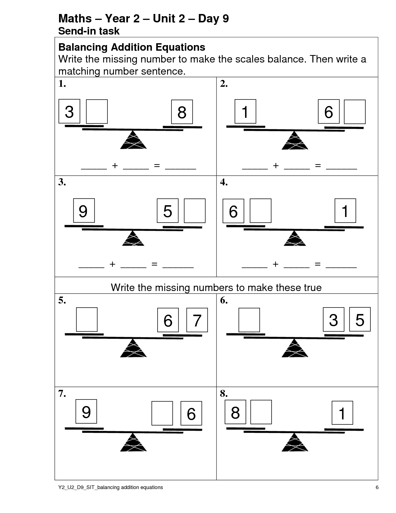 Balancing Number Sentences Worksheet Image