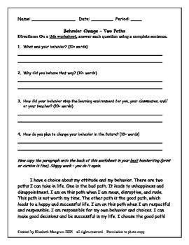 Behavior Reflection Worksheet Middle School Image
