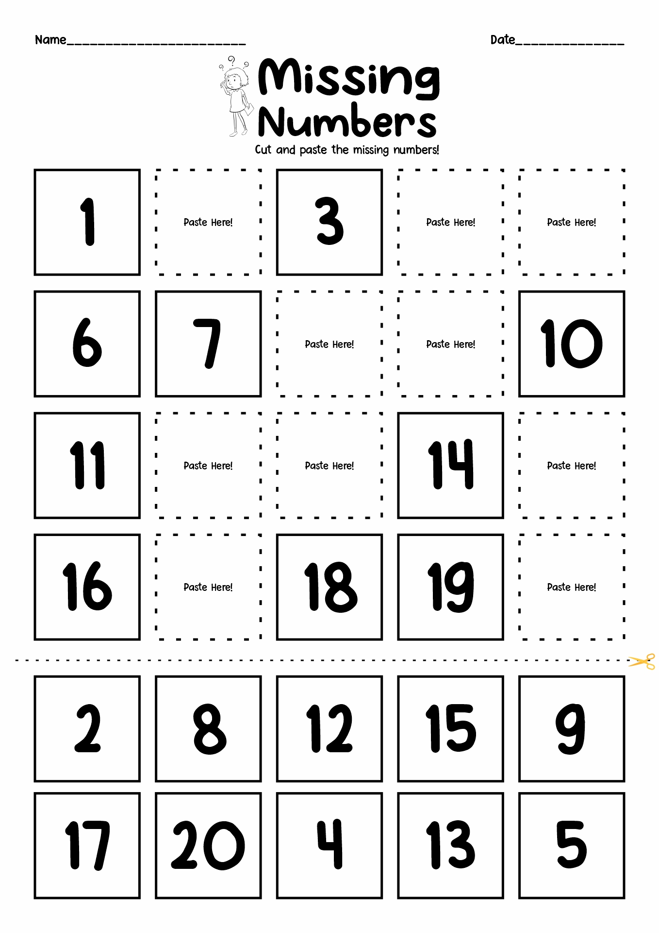 Cut and Paste Missing Number Worksheets for Kindergarten
