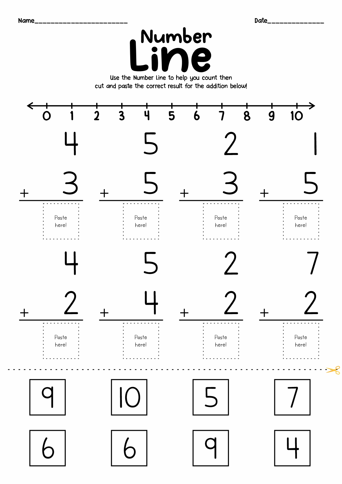 Cut and Paste Number Line Worksheet Image