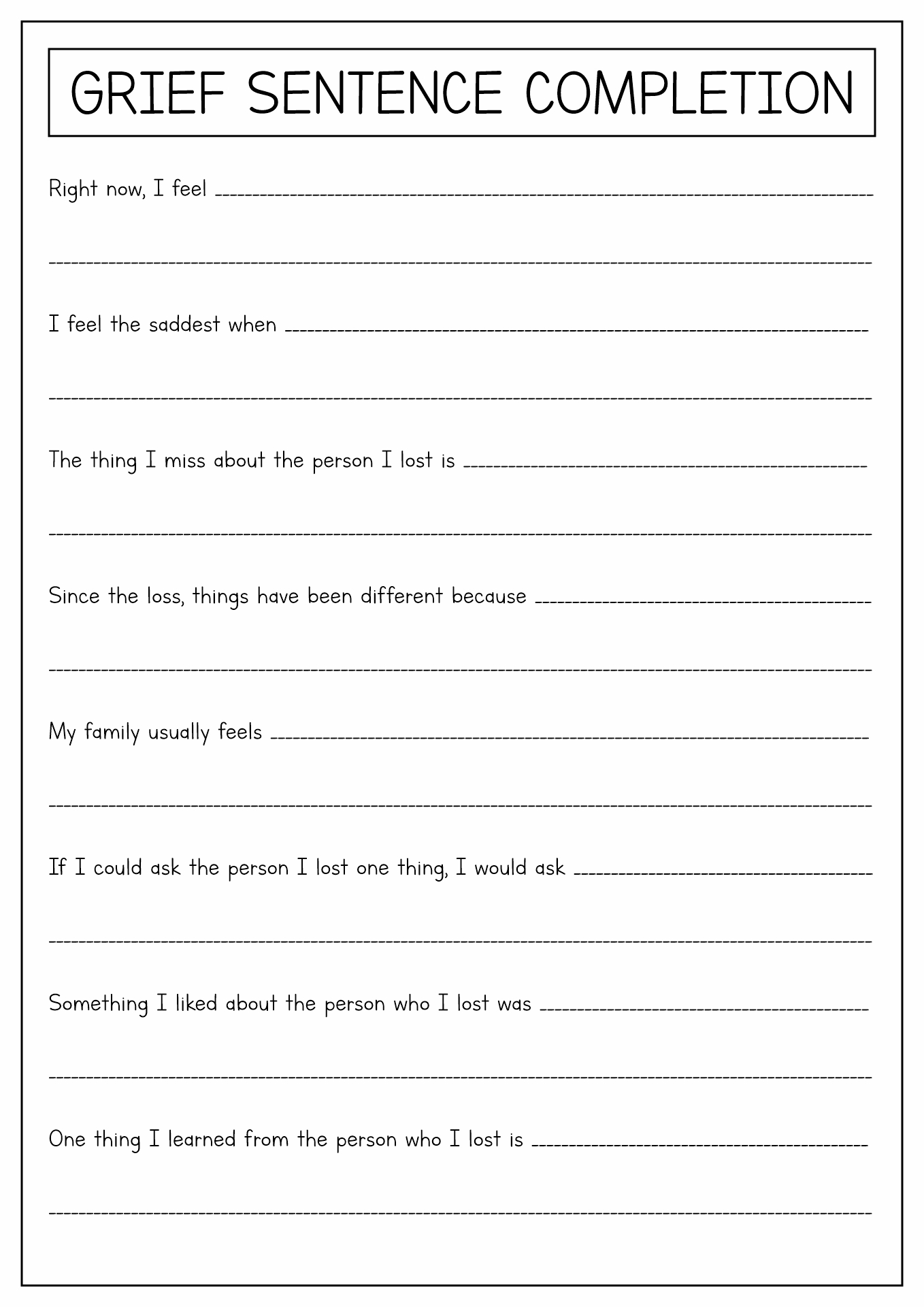Dealing with Grief and Loss Worksheets