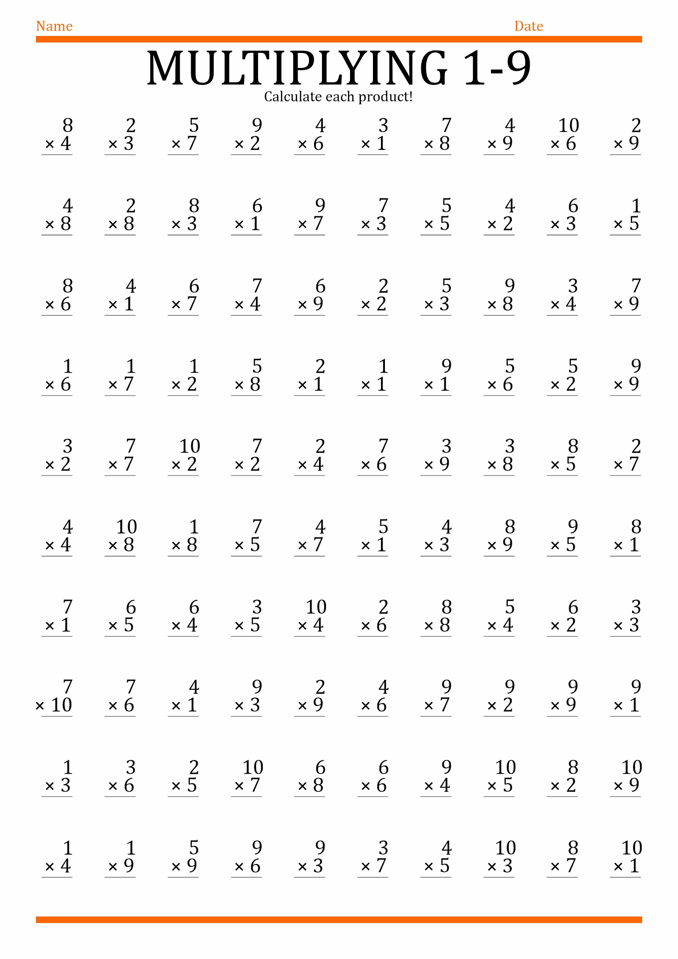 Printable Multiplication Worksheets 100 Problems Image